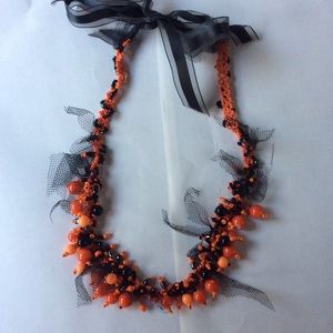 Necklace Black/ Orange Beads Handmade